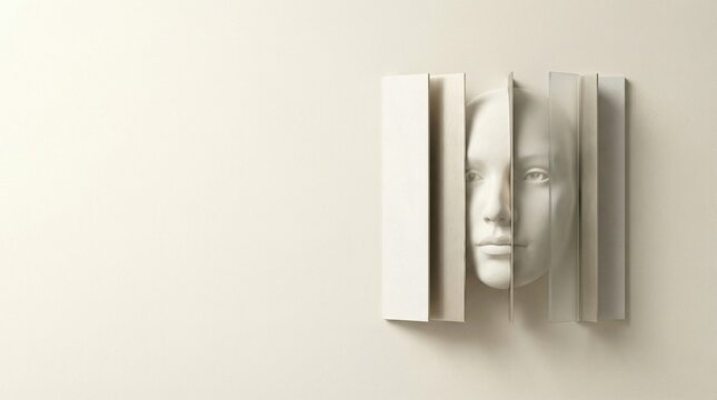 Hyper elegant surreal bas relief face with sliding material plates