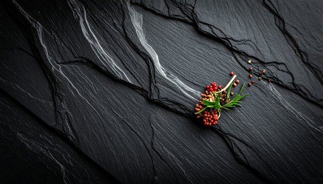 Berries with herbs on dark, veined stone