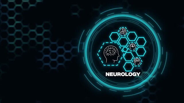 Futuristic neurology concept with digital brain interface animation in 4k, medical technology visualization, and neural network analytics on dark blue background design.