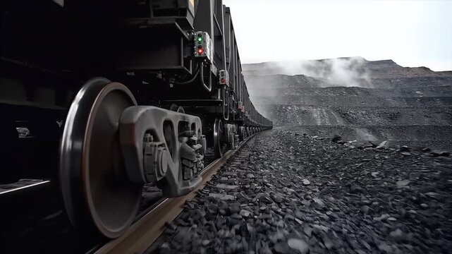 Low-angle cinematic tracking shot of a long industrial freight train with dark open-top wagons moving through a vast open-pit coal mine