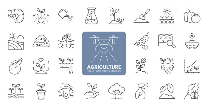 Agriculture and farming web line icon set with crops irrigation soil plant growth and organic cultivation concepts. Editable stroke