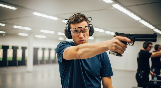 Person practicing marksmanship in an indoor shooting range