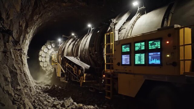 Massive Tunnel Boring Machine Operating in a Rock Tunnel with Dust and Debris, Panning Shot, for Mining, Construction, and Infrastructure Development