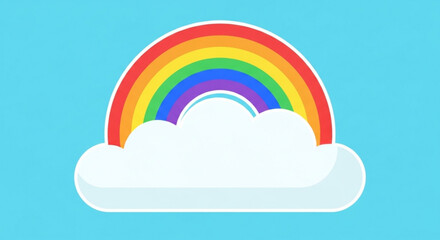 Fototapeta premium Rainbow emerging from behind a white cloud on a blue background symbolizing hope and happiness in a minimalist design
