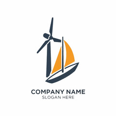 Wind turbine and sailboat logo design for eco-friendly company branding.