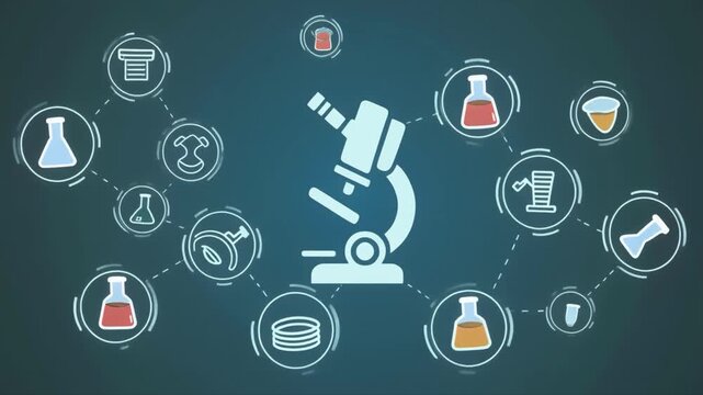 Network of scientific icons including a microscope and flasks connected by lines on a dark teal background