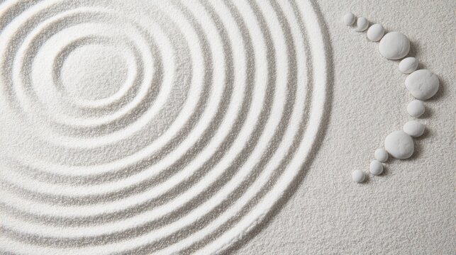 Zen sand garden, raked concentric circles in white sand, top view, mindfulness