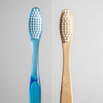 Blue plastic and wooden toothbrushes with white bristles side by side on gray