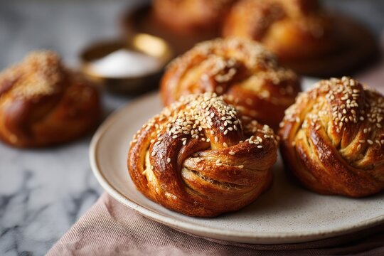 Minimal Baked Goods Styling With Sesame Topping Canon EOS R6 &mdash; Warm, Rustic Sesame Bun Plate Concept For Modern Bakery, Comfort Food, And Family Moments