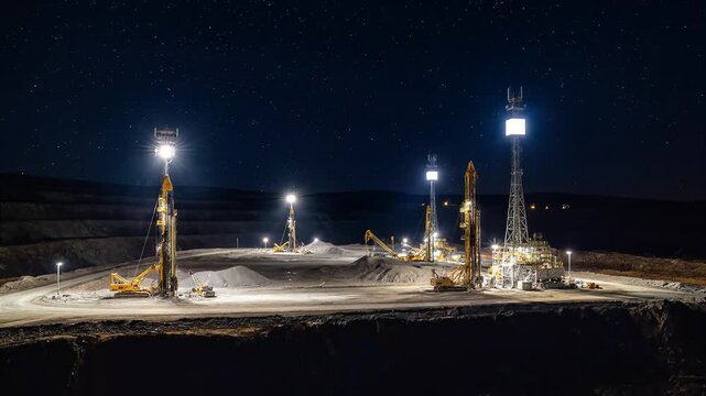 Time-lapse of an active open-pit mine transitioning from day to night with bright artificial lighting, showcasing industrial operations and resource