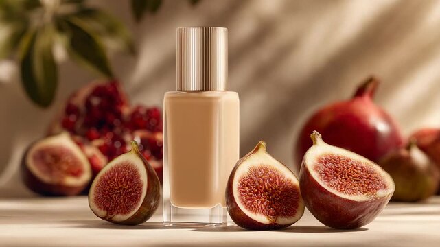 Ultra HD Luxury liquid foundation bottle with fresh figs and pomegranate, organic natural cosmetics concept Video
