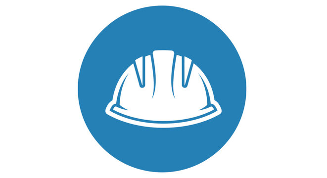 White hard hat icon on blue circular background.
