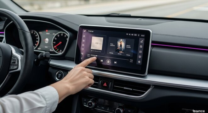 Close-up of a hand touching a digital infotainment touchscreen display in a modern car interior with purple ambient lighting and music interface
