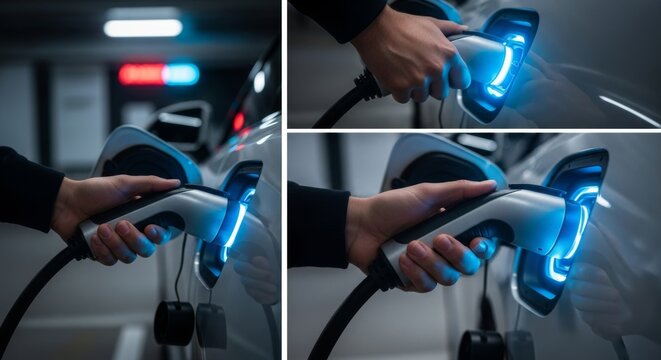 Collage of multiple angles showing a person's hand plugging a glowing blue charging cable into an electric vehicle in a dark underground parking garage under low key lighting