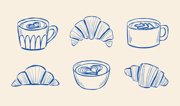 Hand-drawn vector collection of coffee cups and french croissants. Sketch illustration of latte and puff pastry for cafe menu, logo, bakery advert. Minimalist clip art isolated on creamy background.