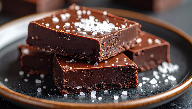 Rich chocolate fudge squares with sea salt crystals, luxurious dessert. Tasty sweet food. Close-up.