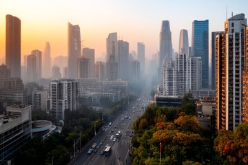 Fototapeta premium Urban landscape engulfed in dense smog from industrial pollution at sunrise
