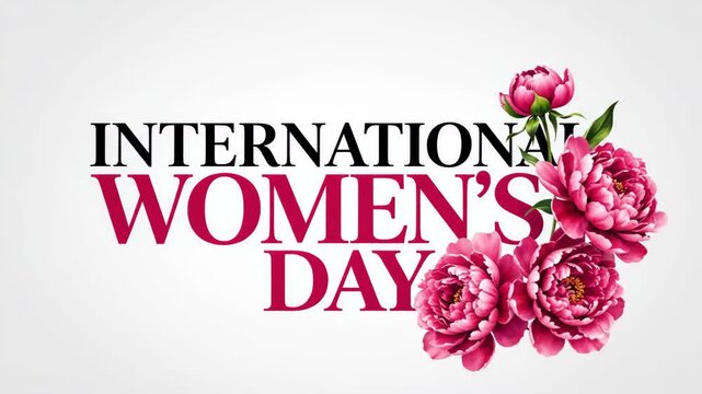 International Women's Day typography with pink flowers on white background