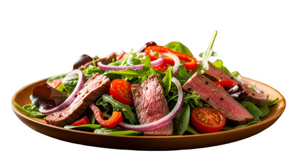 Delicious Beef Steak Salad Garnished With Fresh Vegetables On Wooden Plate