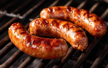 Fototapeta premium Grilled Sausages on Dark Grill with Smoky Texture and Delicious Glaze