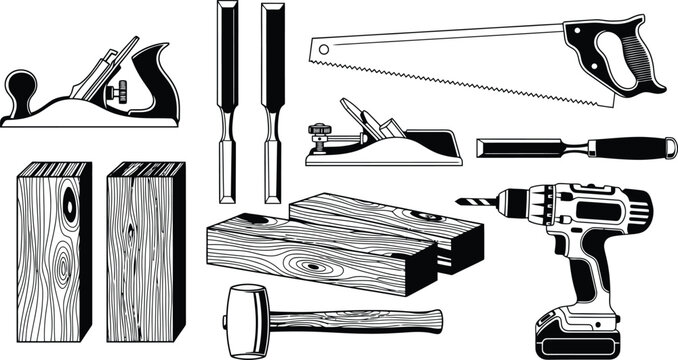 Assortment of essential woodworking tools and lumber pieces for carpentry projects