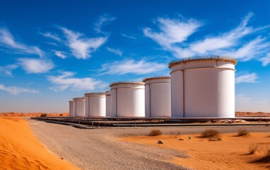 Obraz premium Crude Oil Storage Tanks in Desert Landscape under Blue Sky