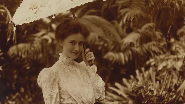 Woman holding an umbrella in a garden during the early 1900s in a vintage style