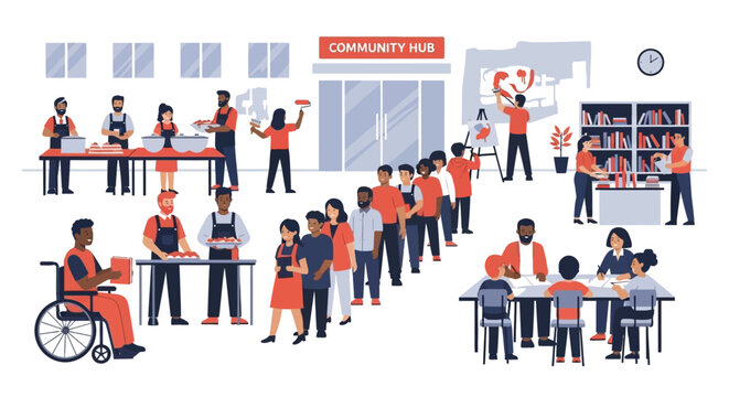 Diverse individuals engaging in various supportive community hub activities.