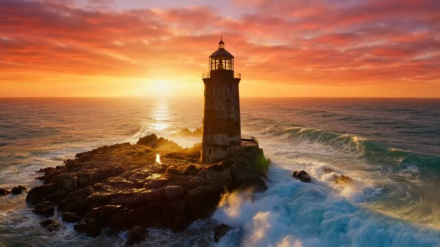 Dramatic lighthouse scene on a rocky islet at sunset with crashing waves