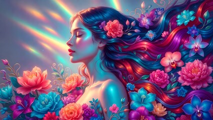 Surreal Fantasy Portrait of a Beautiful Woman with Flowing Blue and Pink Hair Merged with Vibrant Tropical Flowers