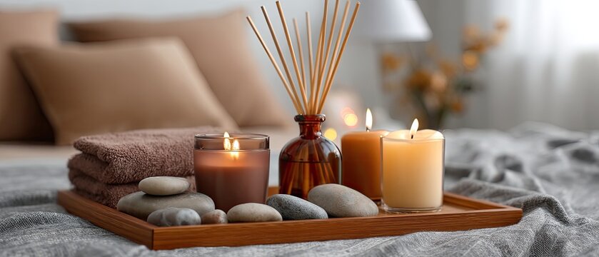 Cozy setup shows scented candles, reed diffusers, and decorative rocks on a wooden tray in a living room designed for winter relaxation