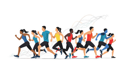 Large diverse group of athletes running together in a marathon with colorful abstract lines symbolizing speed and motion.