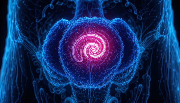 Glowing spiral energy emanates from the center of a translucent human neurological structure