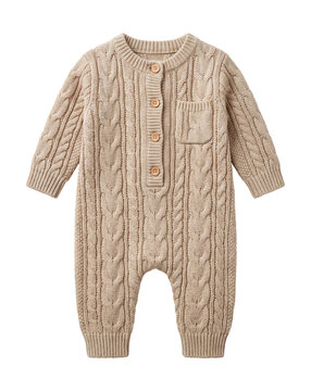 Cable knit baby romper with wooden buttons and pocket detail