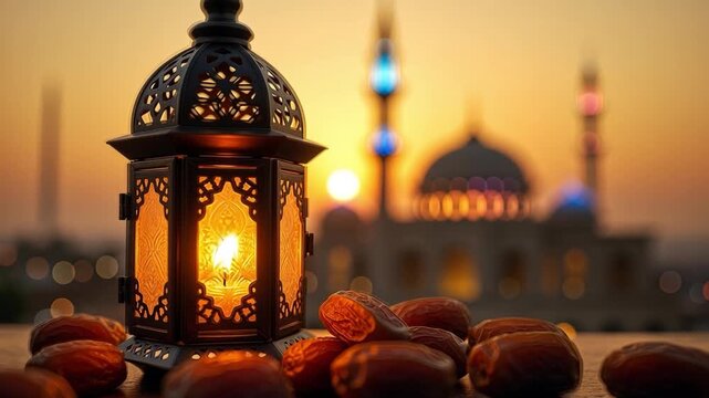 Ramadan lantern with dates in front of a mosque at sunset. 4k virtual video 