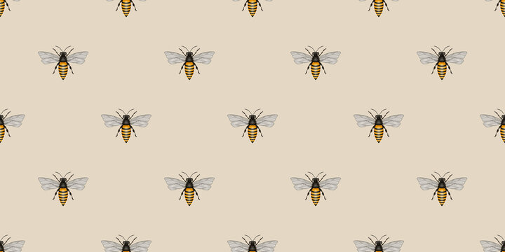 seamless watercolor hand-drawn pattern with bees on a beige background for fabric, gift wrapping paper