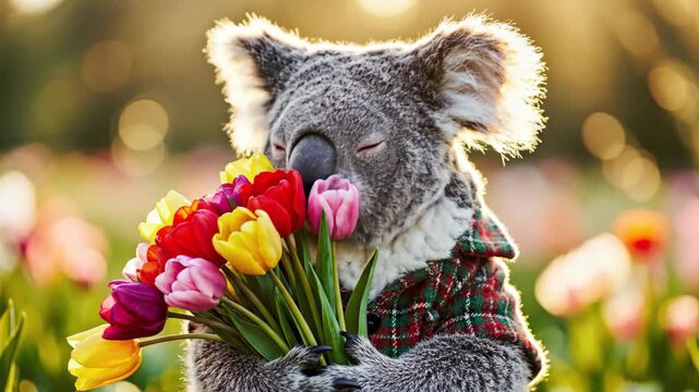Koala bear in plaid holding vibrant tulip bouquet outdoors