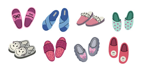 Cute cartoon slippers collection featuring cozy indoor house shoes with bows hearts smiley faces and fluffy details isolated on white background