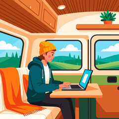 Woman Working on Laptop in Camper.