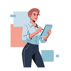 Woman Writing in Notebook Standing.