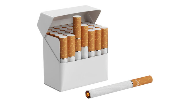 Cigarette pack with one cigarette outside white tobacco isolated on a transparent background