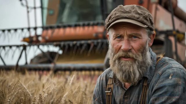 Farmer stands in wheat field near harvester during the harvest season at rural location in morning light