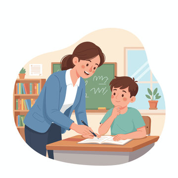 teacher helping student in classroom
