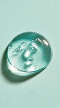 Clear Blue Gel Cleanser: Round, Transparent Texture with Bubbles on Soft Teal Background