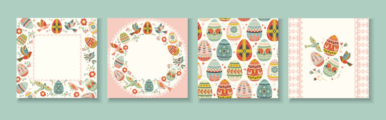 Vector set of hand drawn Easter folk greeting cards with decorated eggs, birds and floral elements Chalk texture illustration in soft pastel palette for holiday invitations and warm Easter greetings © Катерина Фирсова
