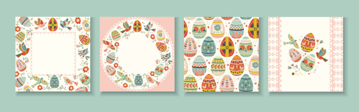 Vector set of hand drawn Easter folk greeting cards with decorated eggs, birds and floral elements Chalk texture illustration in soft pastel palette for holiday invitations and warm Easter greetings