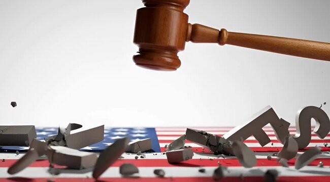 Justice gavel breaking 3D tariffs word resting on the american flag, import tax legal ruling concept