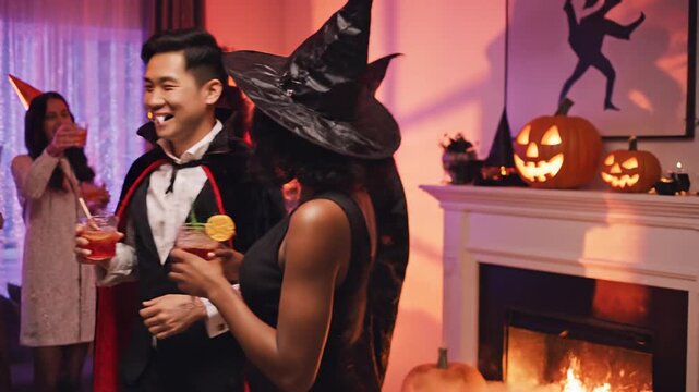 Festive halloween party with adults wearing generic costumes in modern living room setting with warm lighting and lively atmosphere.