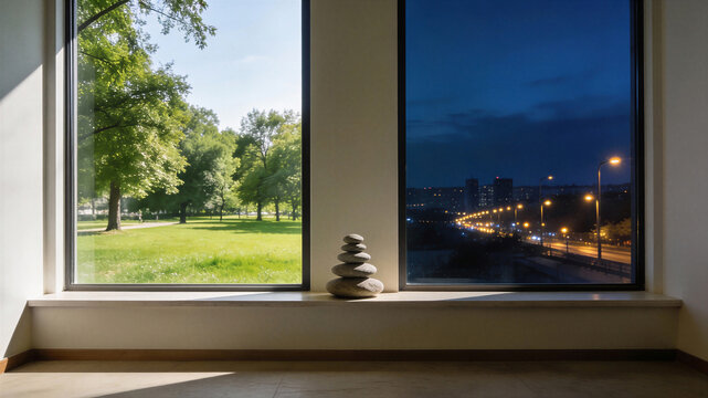 Window view split between sunny green park with trees and grass and nighttime urban cityscape with lights and buildings. Balanced stone stack on sill symbolizing spring equinox duality of day and