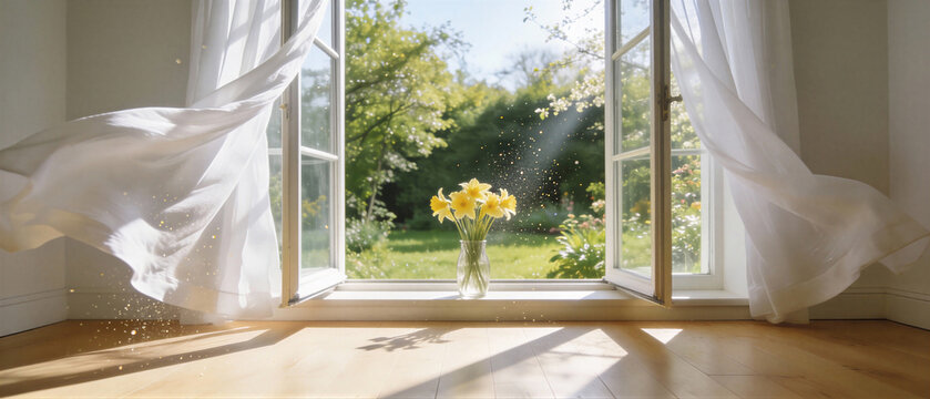 Open window with white curtains blowing in breeze revealing sunny spring garden. Vase of yellow daffodils on wooden floor inside cozy room. Symbol of vernal equinox renewal and seasonal fresh start